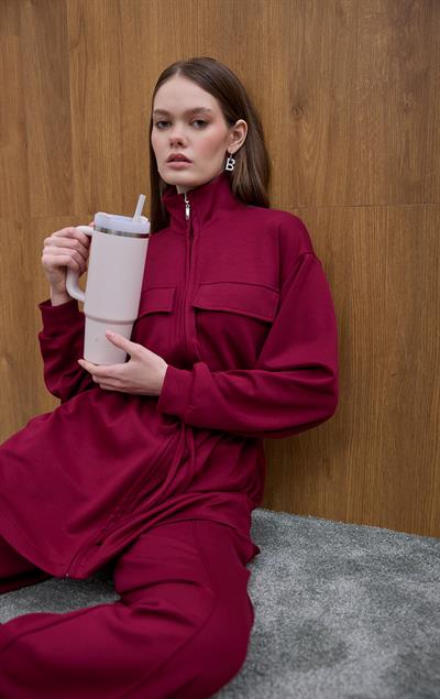Bordo Bel Bağlama Detaylı Sweat