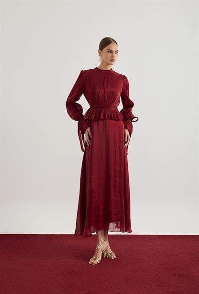 Bordo Büzgü Detaylı Janjan Elbise