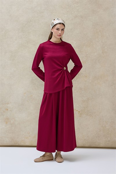 Bordo Büzgü Detaylı Pantolon Takım