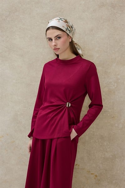 Bordo Büzgü Detaylı Pantolon Takım