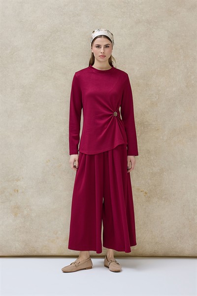 Bordo Büzgü Detaylı Pantolon Takım