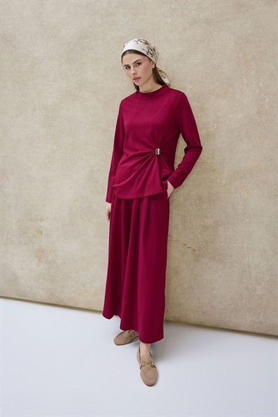 Bordo Büzgü Detaylı Pantolon Takım