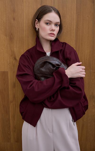 Bordo Büzgülü Gabardin Ceket