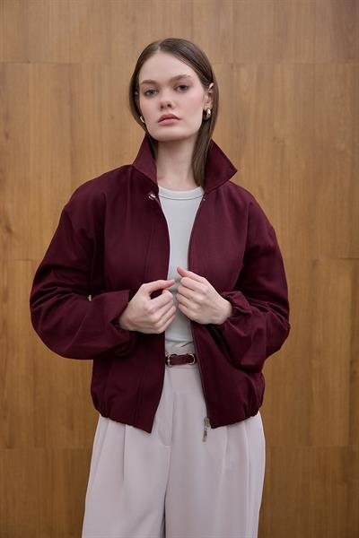 Bordo Büzgülü Gabardin Ceket