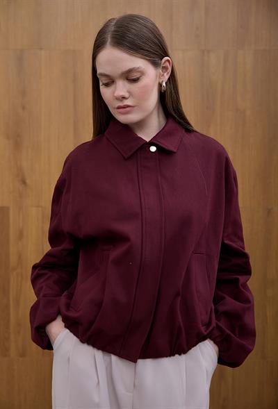 Bordo Büzgülü Gabardin Ceket