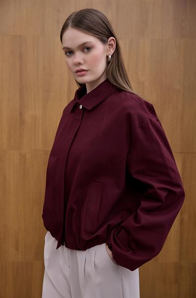 Bordo Büzgülü Gabardin Ceket