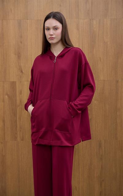 Bordo Cosy Kapüşon Detaylı Hırka