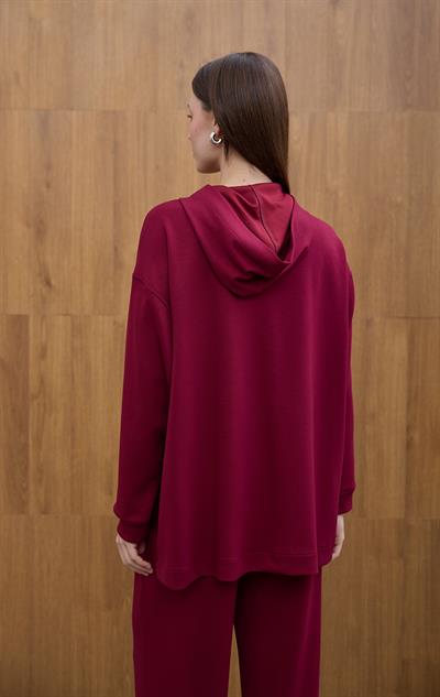 Bordo Cosy Kapüşon Detaylı Hırka