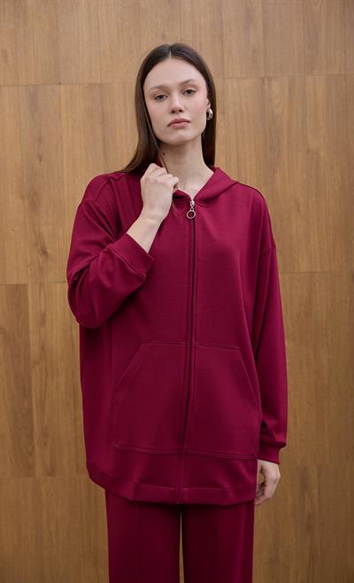 Bordo Cosy Kapüşon Detaylı Hırka