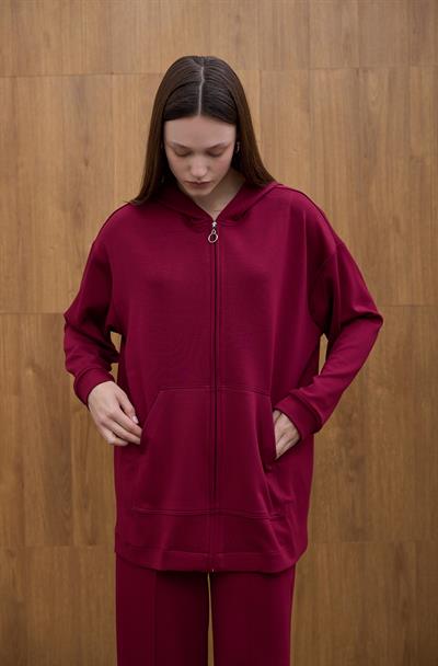 Bordo Cosy Kapüşon Detaylı Hırka