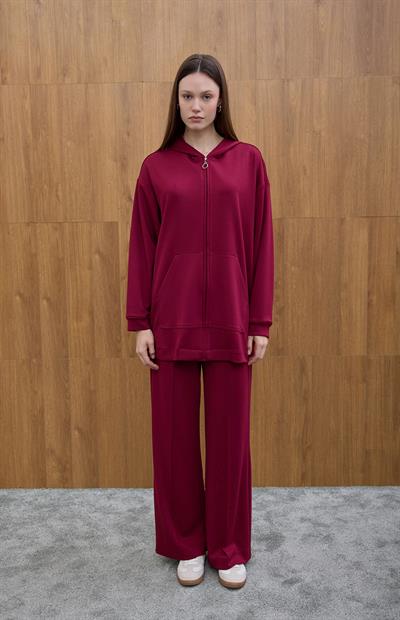 Bordo Cosy Kapüşon Detaylı Hırka