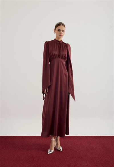 Bordo Geniş Kol Detaylı Elbise