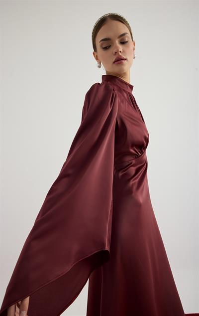 Bordo Geniş Kol Detaylı Elbise