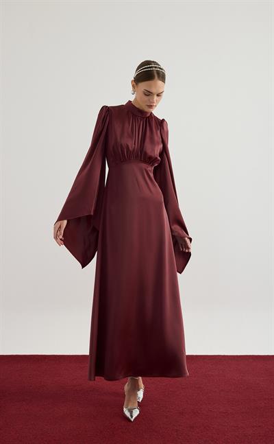 Bordo Geniş Kol Detaylı Elbise