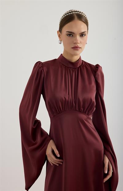 Bordo Geniş Kol Detaylı Elbise