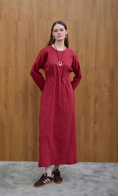 Bordo Gizli Pile Detaylı Elbise