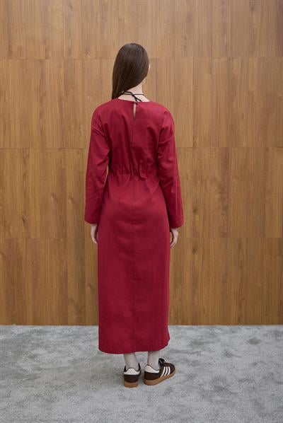 Bordo Gizli Pile Detaylı Elbise