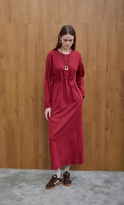 Bordo Gizli Pile Detaylı Elbise