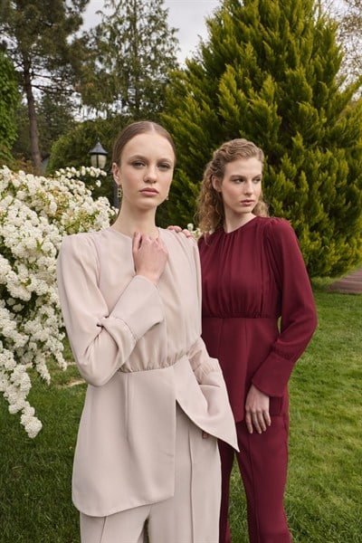 Bordo Lanthe Şifon Detaylı Pantolon Takım