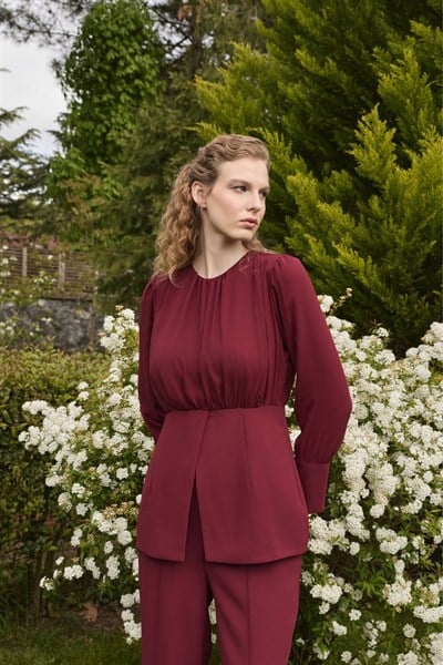 Bordo Lanthe Şifon Detaylı Pantolon Takım