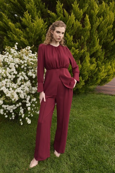Bordo Lanthe Şifon Detaylı Pantolon Takım