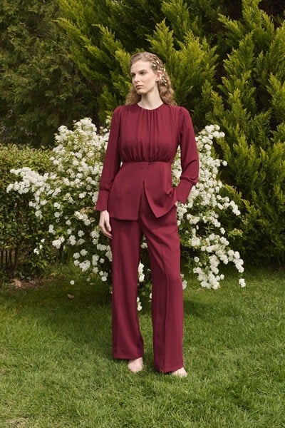 Bordo Lanthe Şifon Detaylı Pantolon Takım