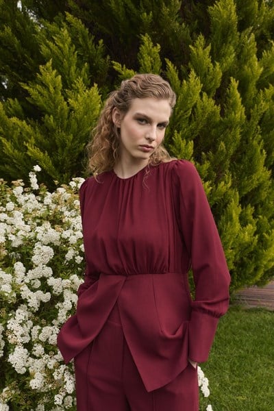 Bordo Lanthe Şifon Detaylı Pantolon Takım