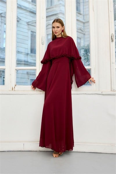 Bordo Lumina Fırfır Şal Detaylı Ebise