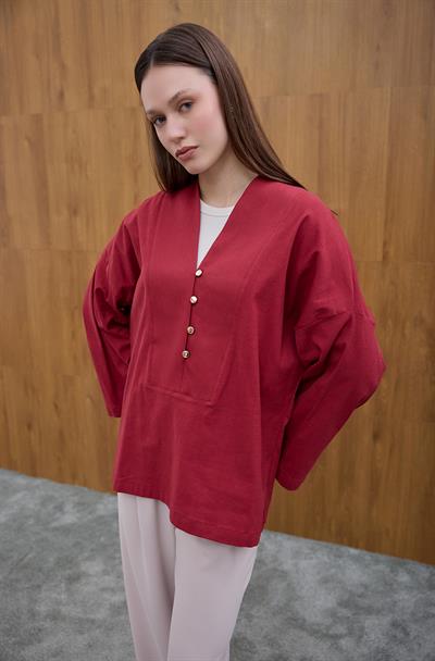 Bordo Önü Düğme Detaylı Bluz
