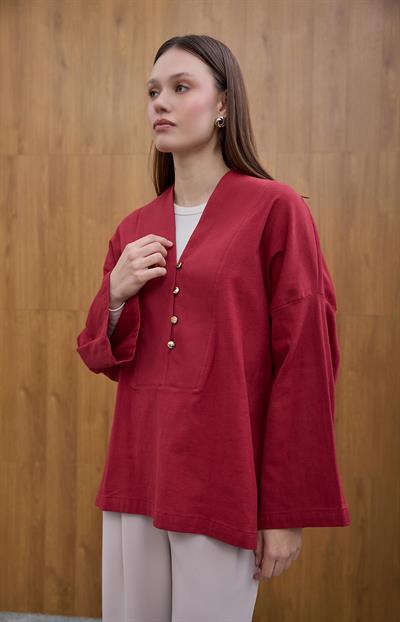 Bordo Önü Düğme Detaylı Bluz