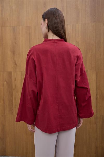 Bordo Önü Düğme Detaylı Bluz