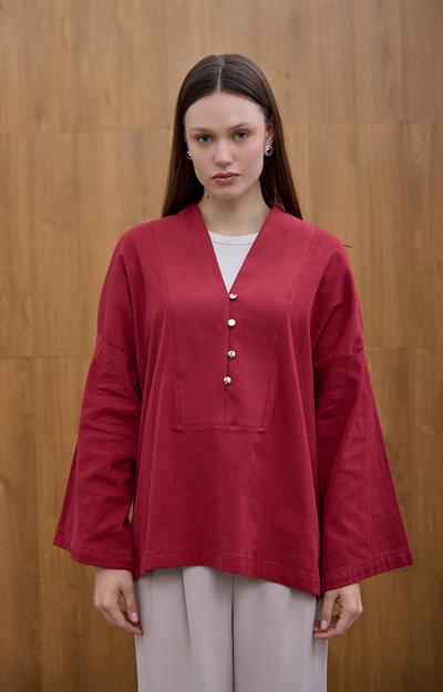 Bordo Önü Düğme Detaylı Bluz
