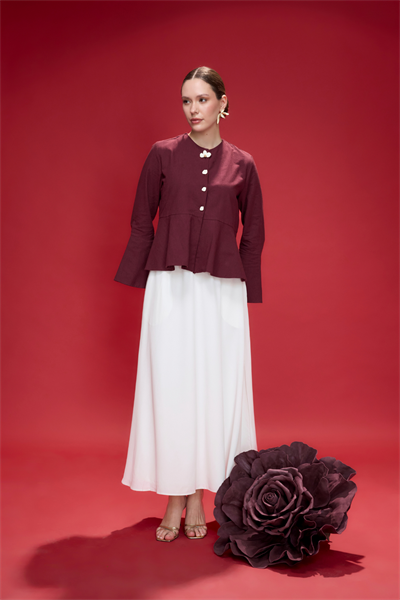 Bordo Petal Volan Detaylı Keten Ceket