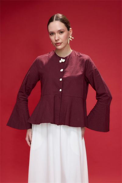 Bordo Petal Volan Detaylı Keten Ceket