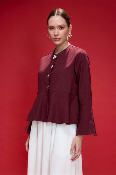 Bordo Petal Volan Detaylı Keten Ceket