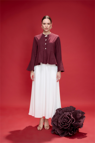 Bordo Petal Volan Detaylı Keten Ceket