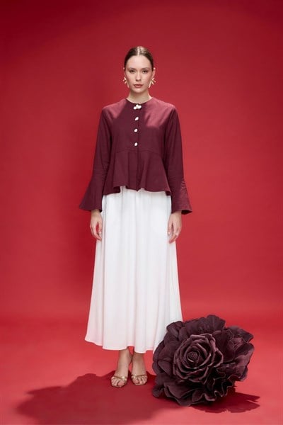 Bordo Petal Volan Detaylı Keten Ceket