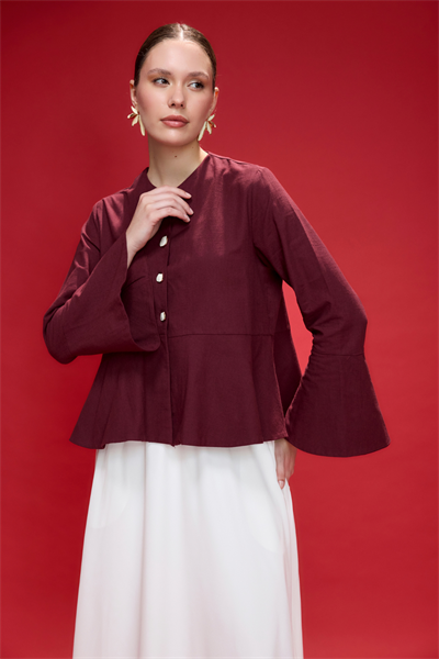 Bordo Petal Volan Detaylı Keten Ceket