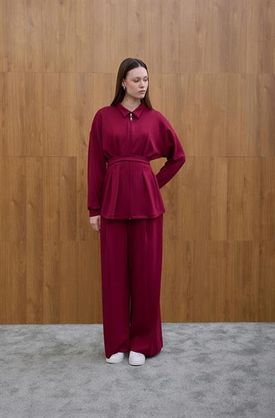 Bordo Glow Pile Detaylı Fermuarlı Sweat