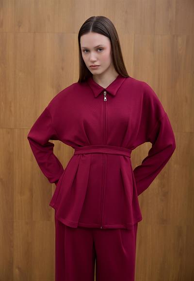 Bordo Glow Pile Detaylı Fermuarlı Sweat
