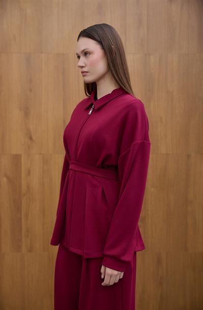 Bordo Glow Pile Detaylı Fermuarlı Sweat