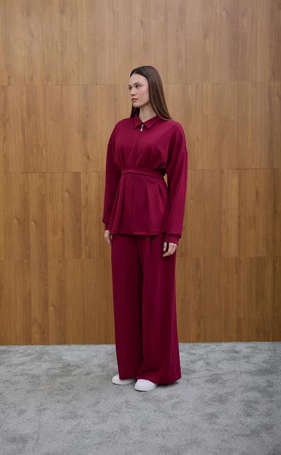 Bordo Glow Pile Detaylı Fermuarlı Sweat