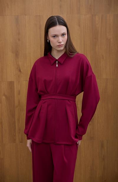 Bordo Glow Pile Detaylı Fermuarlı Sweat