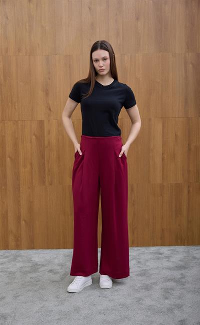 Bordo Pile Detaylı Rahat Kesim Pantolon