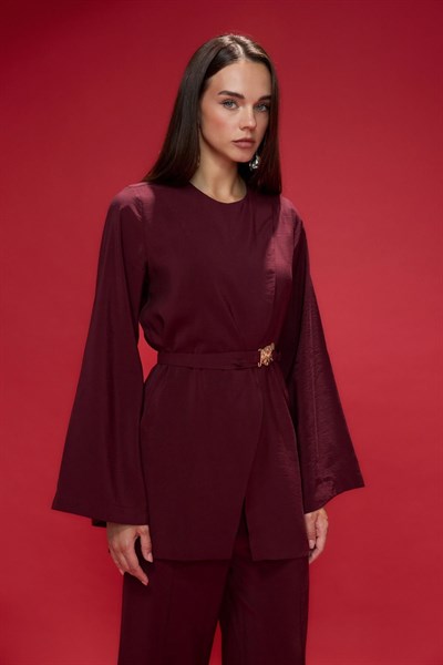 Bordo Rubus Gül Kemer Detaylı Pantolon Takım