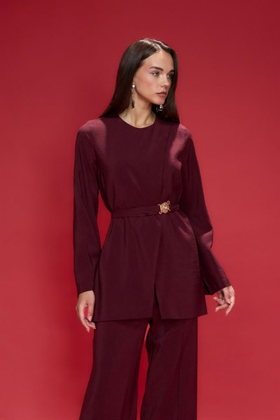 Bordo Rubus Gül Kemer Detaylı Pantolon Takım