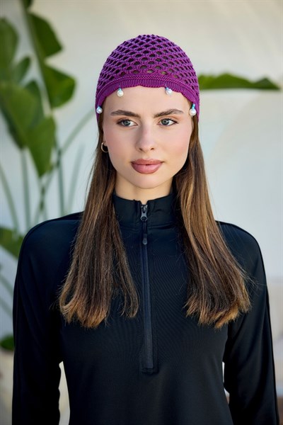 Eflatun İnci İşlemeli File Örgü Bere Bandana
