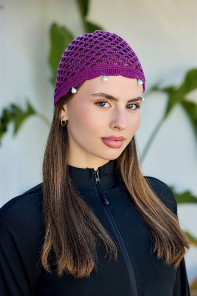 Eflatun İnci İşlemeli File Örgü Bere Bandana