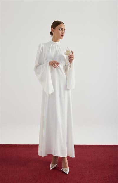 Ekru Geniş Kol Detaylı Elbise