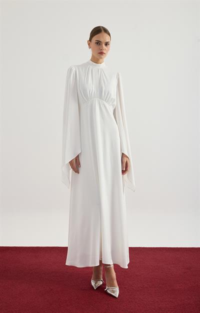 Ekru Geniş Kol Detaylı Elbise